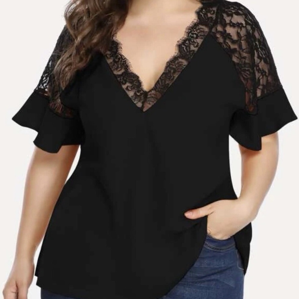 Women’s Black Lace V Neck Top Sheer Sleeve Blouse Flowy Chic Trendy